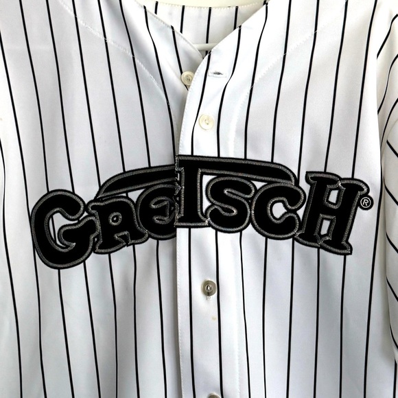 Retro Gretsch Guitars 125th Pin Stripe MLB Baseball Jersey Men’s L Majestic RARE - Picture 3 of 9